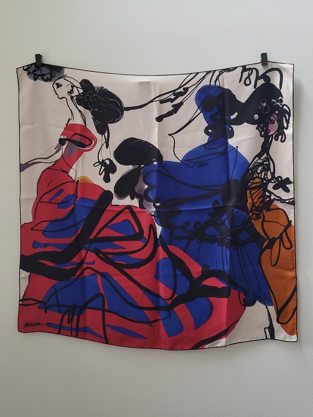 Christian Lacroix Silk Scarf with Black, Pink, Blue and Orange Artistic Print